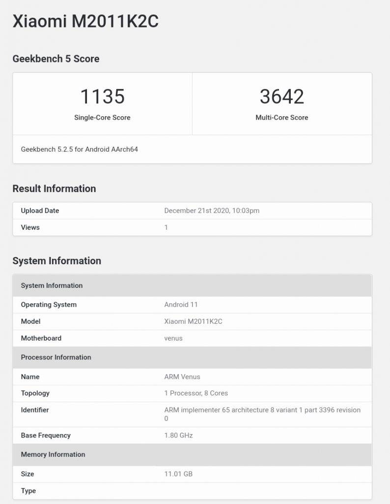 Xiaomi Mi 11 spotted on Geekbench: Snapdragon 888, 12 GB RAM, Android 11, and more 2 xiaomi-mi-11-spotted-on-geekbench-snapdragon-888