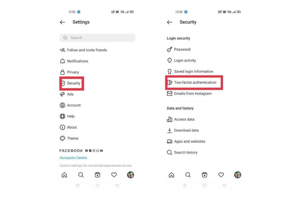 Two-Factor Authentication instagram setting page
