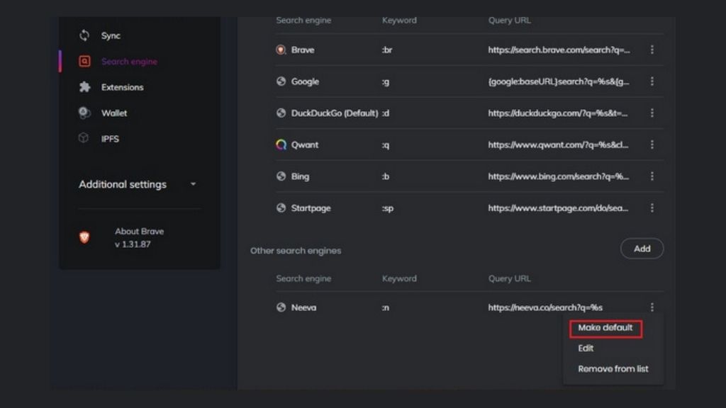 Make default brave search