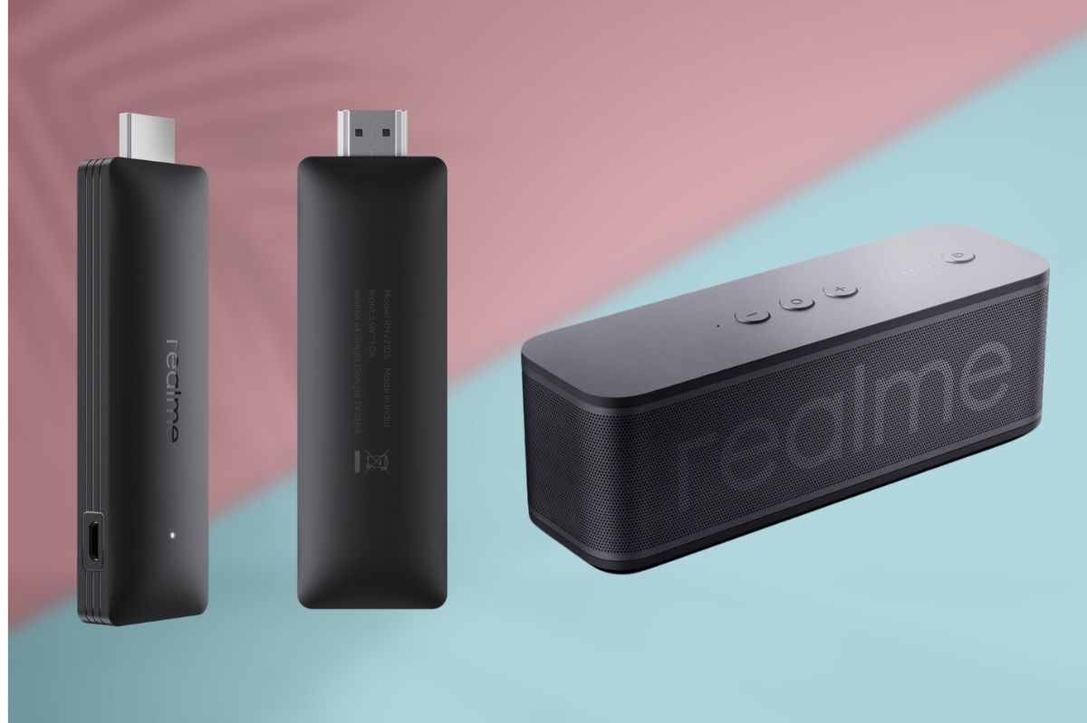 Realme 4K Smart Google TV Stick and brick speaker