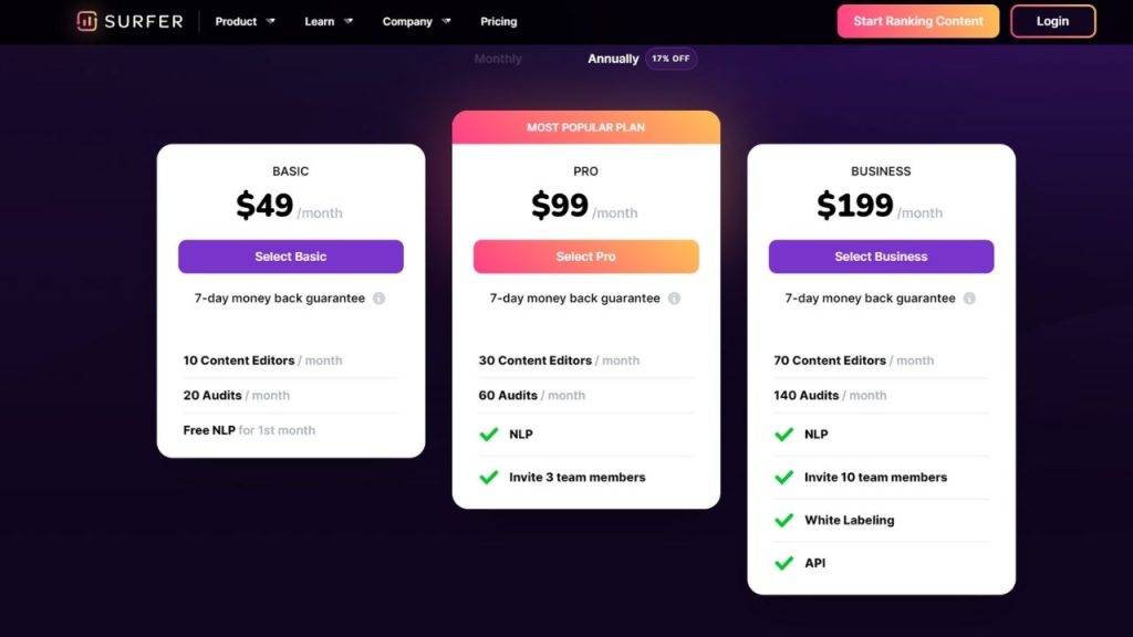 Surfer SEO Pricing
