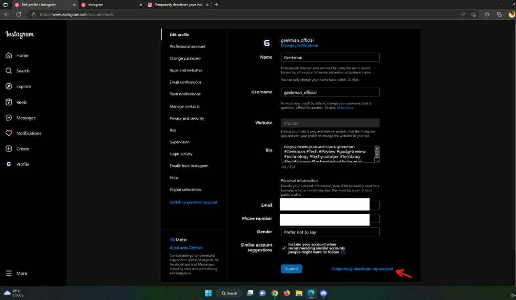 deactivate Instagram account web 2