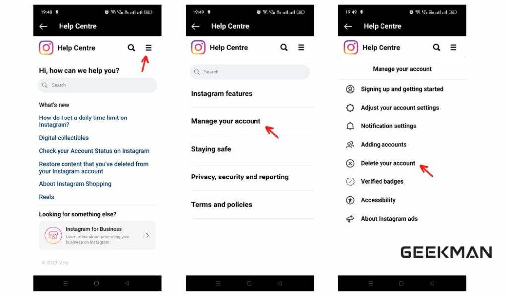 delete an Instagram account on android