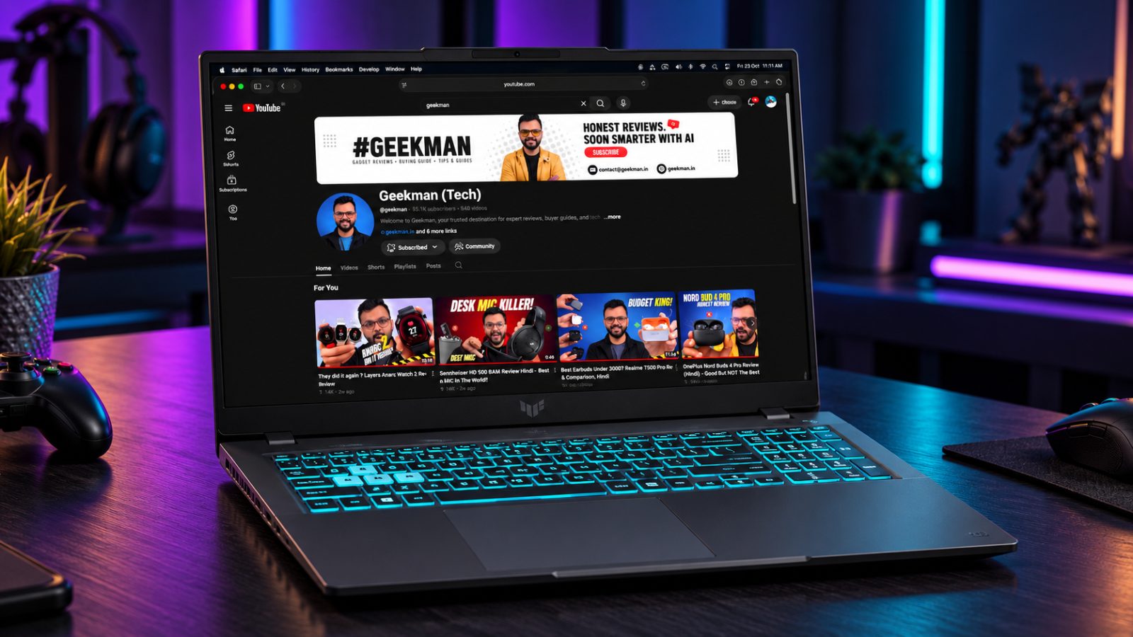 ASUS TUF Gaming F16 2026 gaming laptop with RTX 4050 and Geekman YouTube channel banner on screen