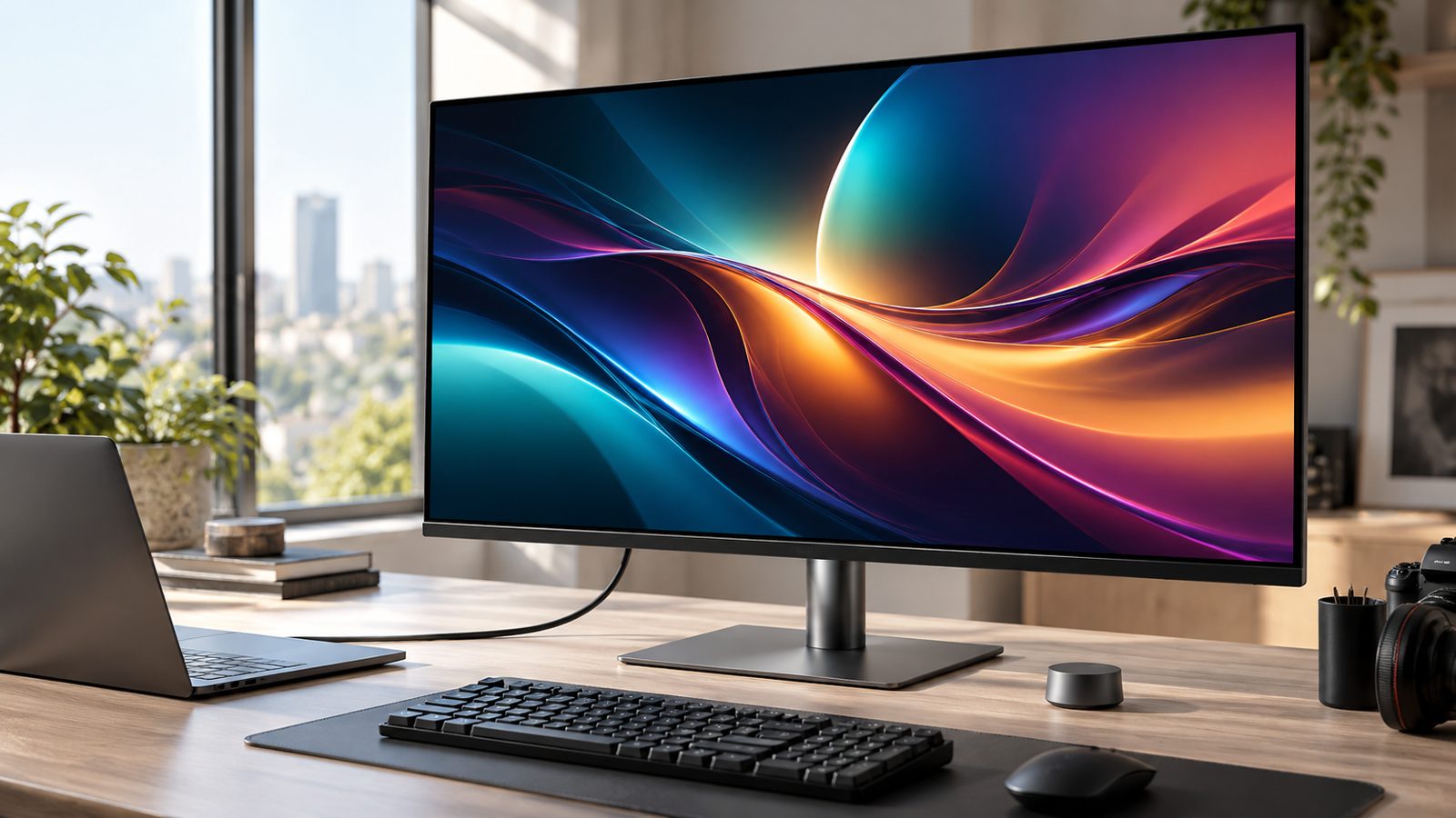 32 inch 4K monitor on an editor desk connected to a laptop with one cable