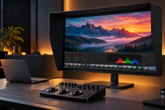 BenQ Creative Pro PV3250U 4K monitor with shading hood and grading controller in a colour grading studio