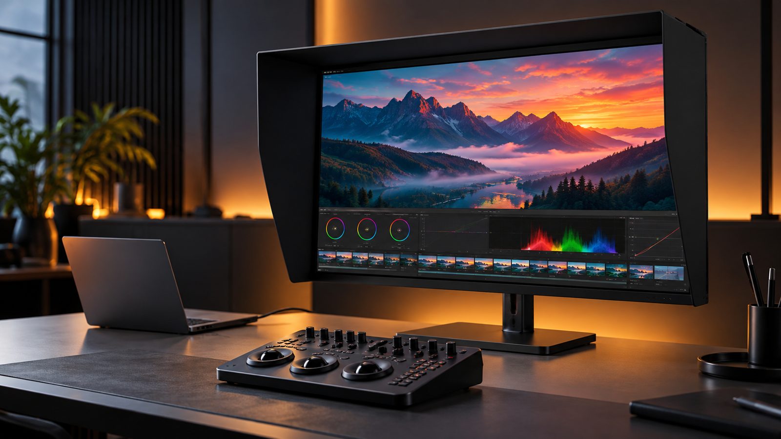 BenQ Creative Pro PV3250U 4K monitor with shading hood and grading controller in a colour grading studio