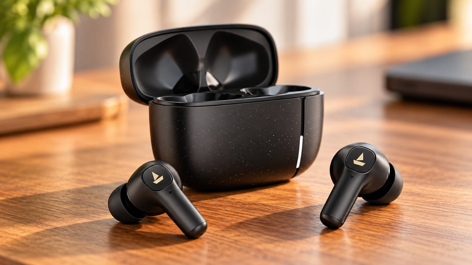 boAt Airdopes Prime 800D true wireless earbuds with charging case on a wooden desk