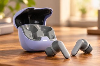 GOBOULT Z40 Pro true wireless earbuds with charging case on a wooden desk