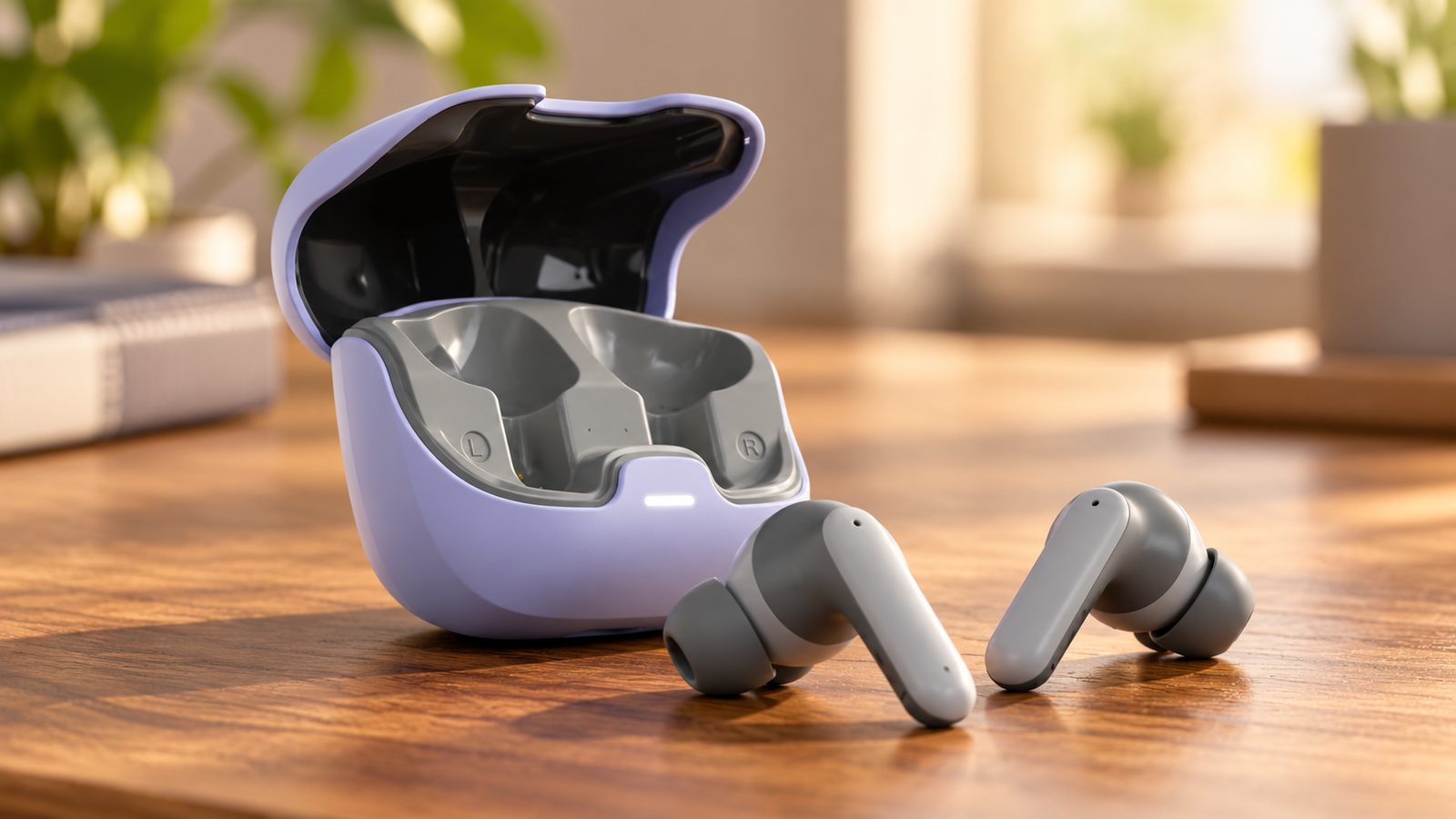 GOBOULT Z40 Pro true wireless earbuds with charging case on a wooden desk