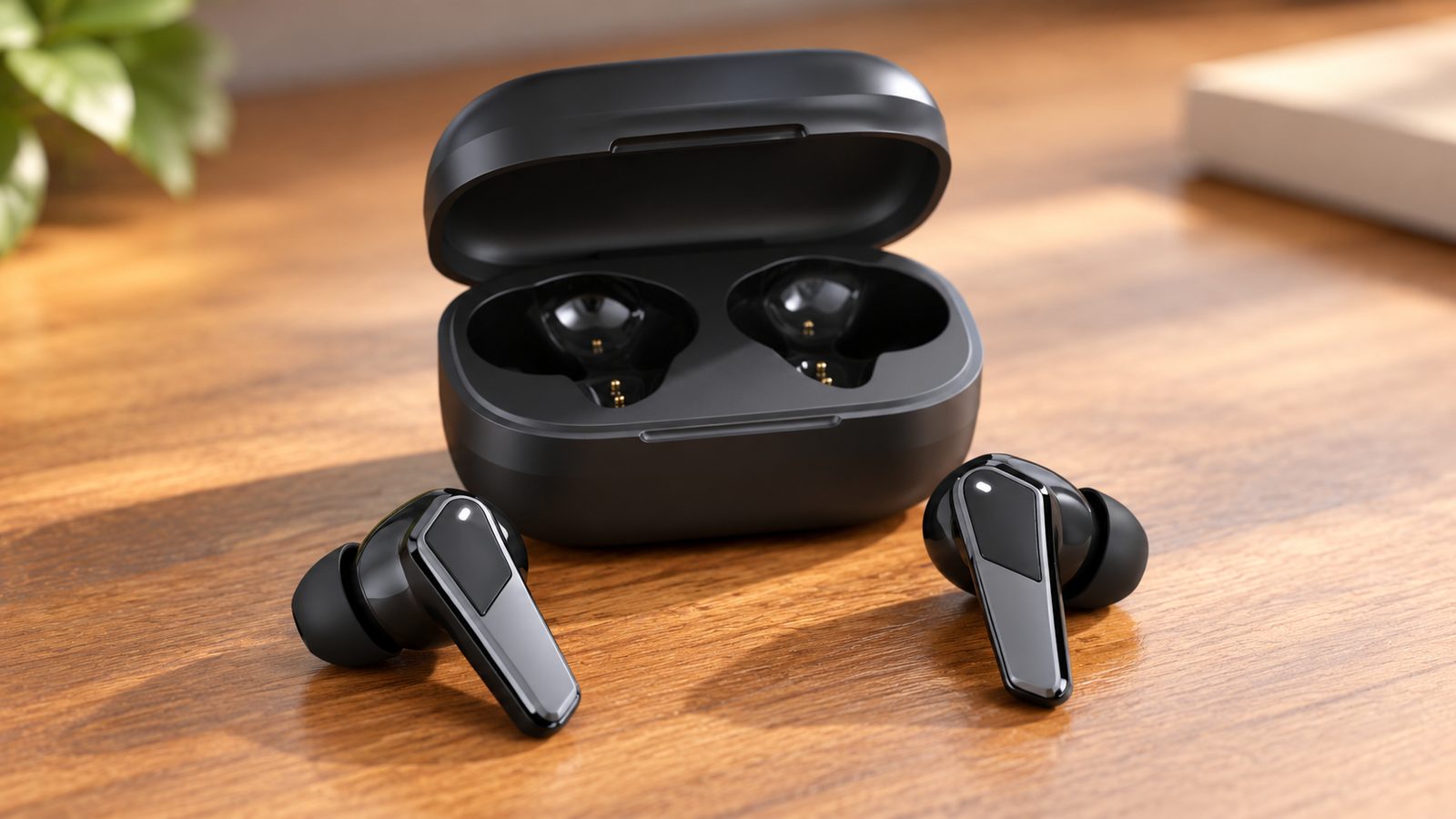 Noise Buds N1 Pro true wireless earbuds with charging case on a wooden desk