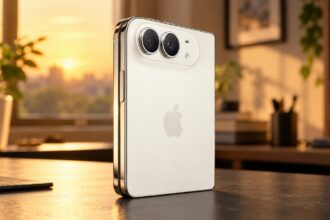 iPhone Duo back view with dual camera on a desk at golden hour