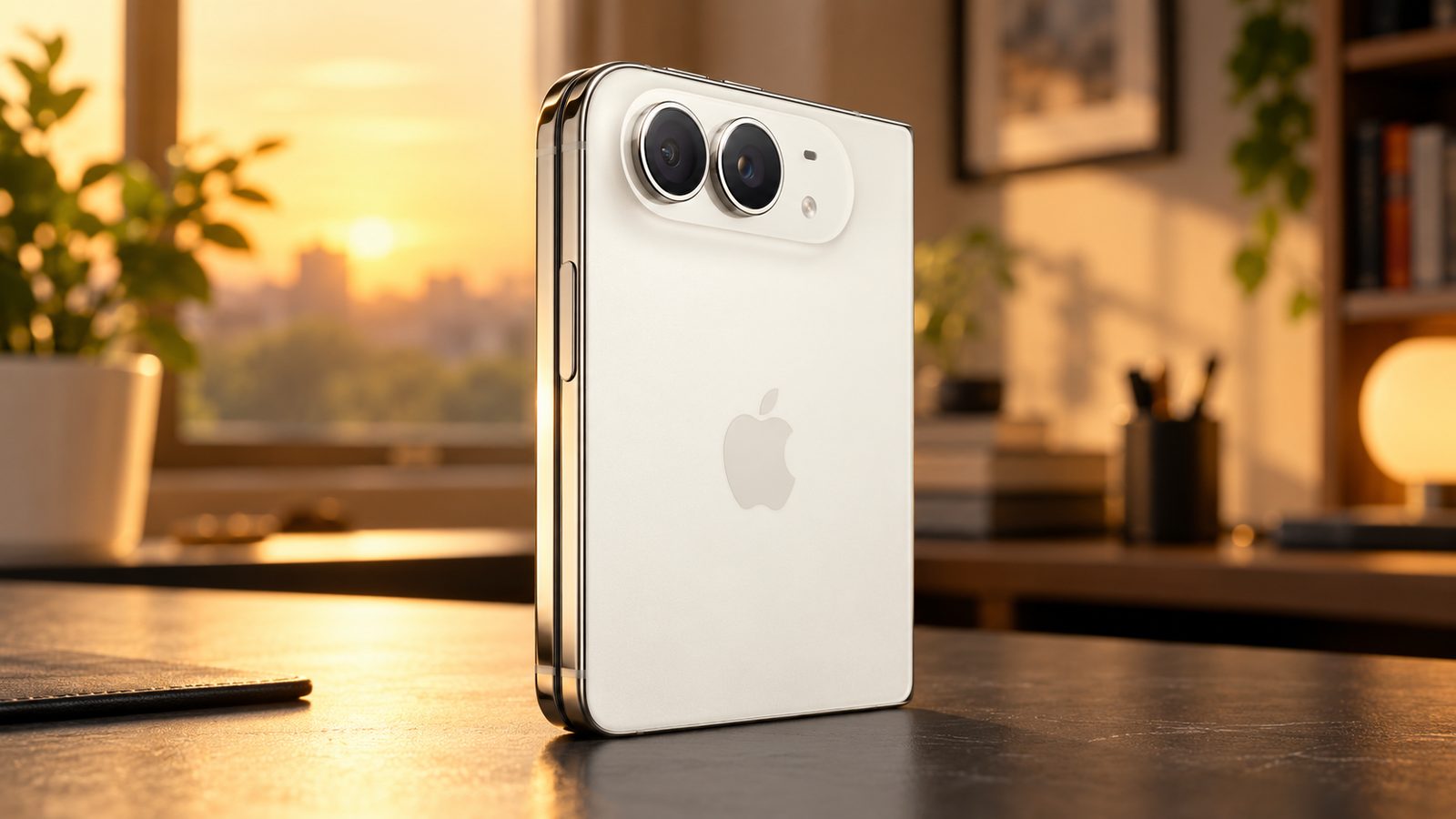 iPhone Duo back view with dual camera standing on a desk at golden hour