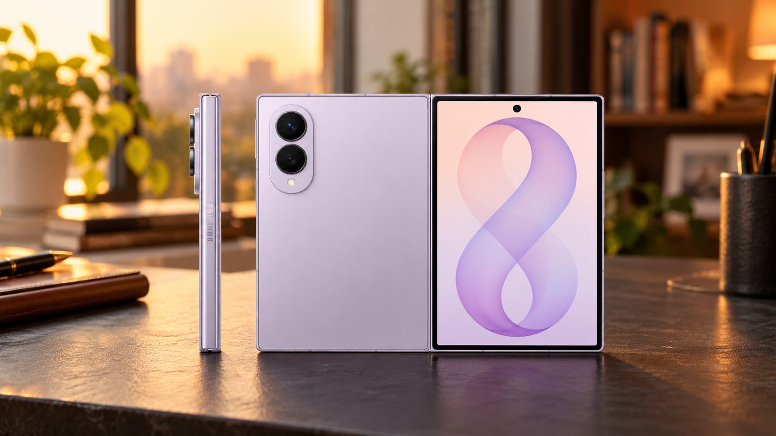 Samsung Galaxy Z Fold8 in Lavender, side, back and open views on a desk
