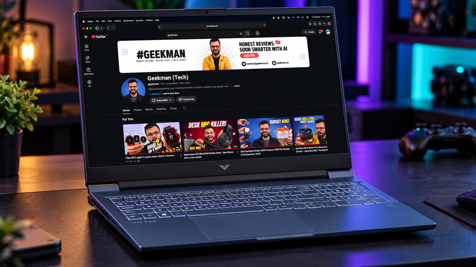 HP Victus 15 Ryzen 7 gaming laptop on a dark gaming desk