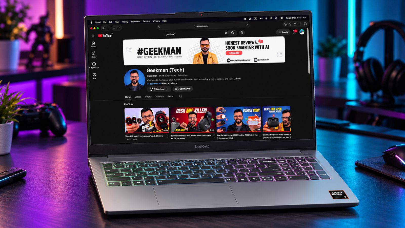 Lenovo LOQ Essential gaming laptop with Ryzen 7 and RTX 4050 with Geekman YouTube channel banner on screen