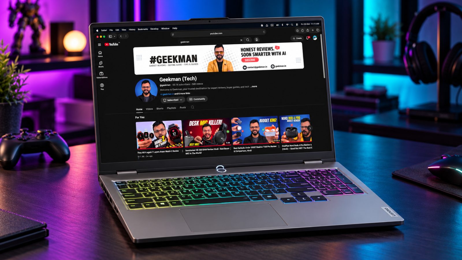 Lenovo LOQ Core i7 RTX 4050 gaming laptop with Geekman YouTube channel banner on screen