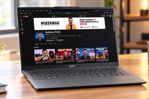 Acer Swift Neo laptop on a wooden desk with the Geekman channel on screen