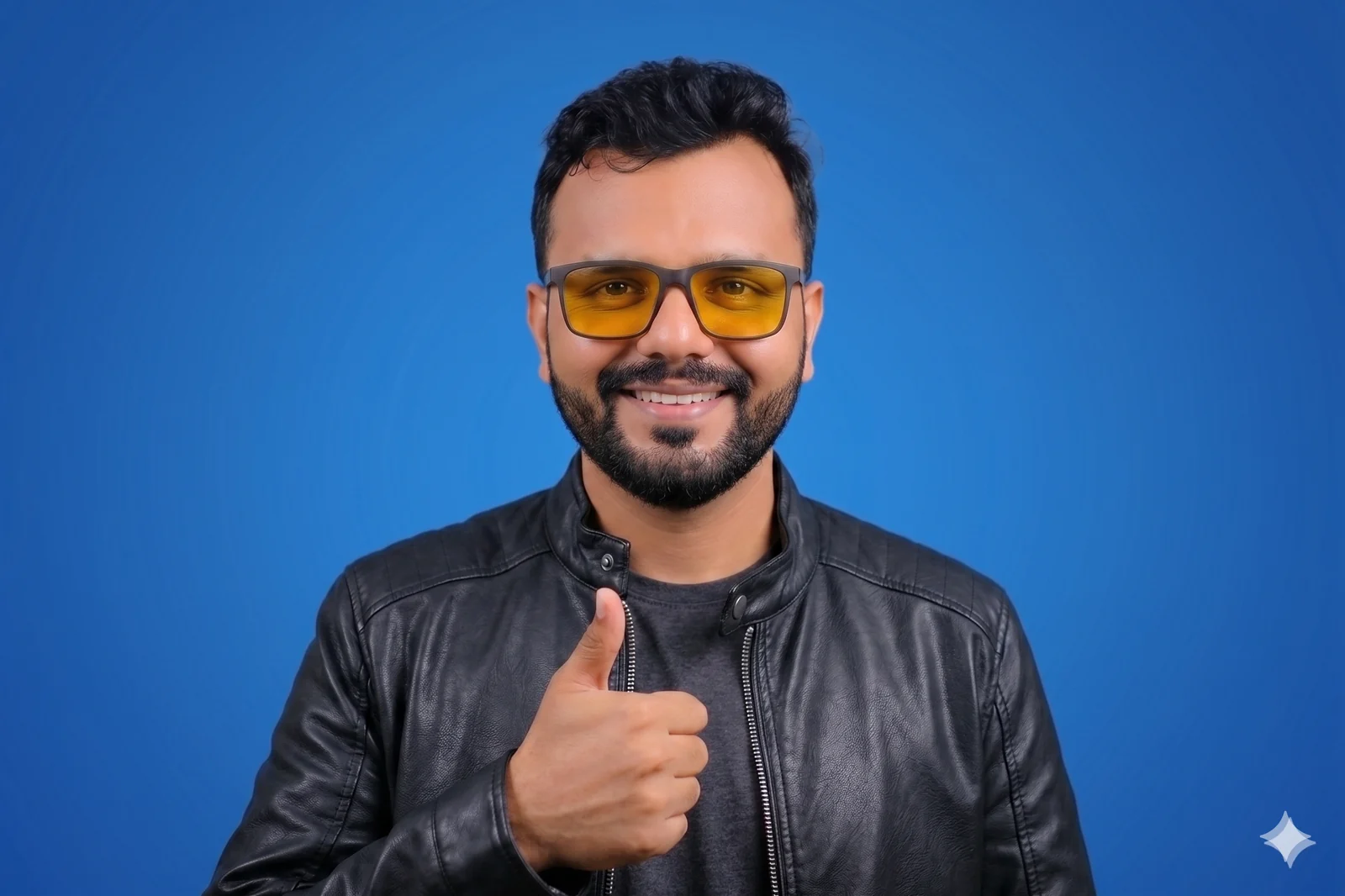 Mayur Dudharejiya, founder of Geekman, thumbs up · leather jacket