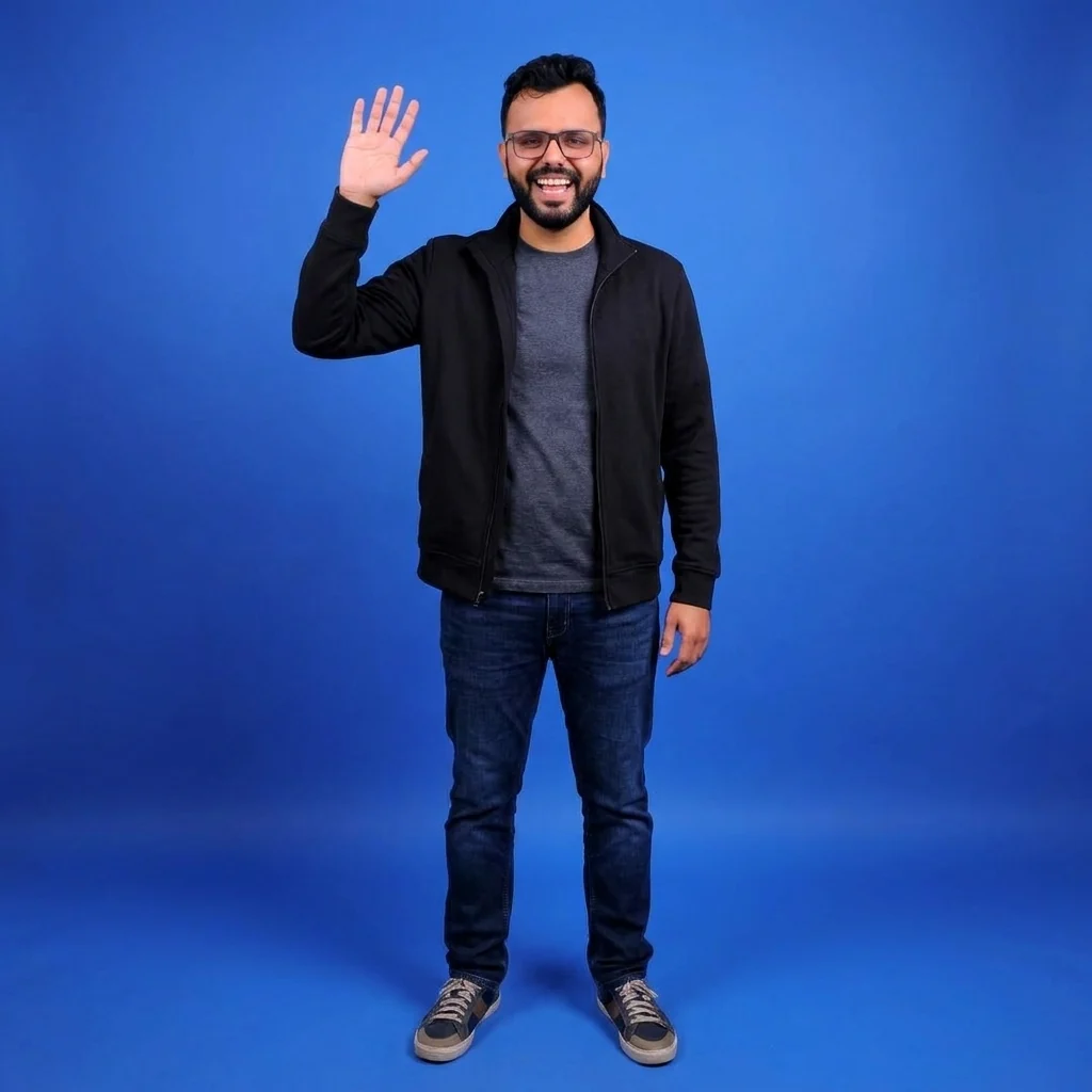 Mayur Dudharejiya, founder of Geekman, full body · waving