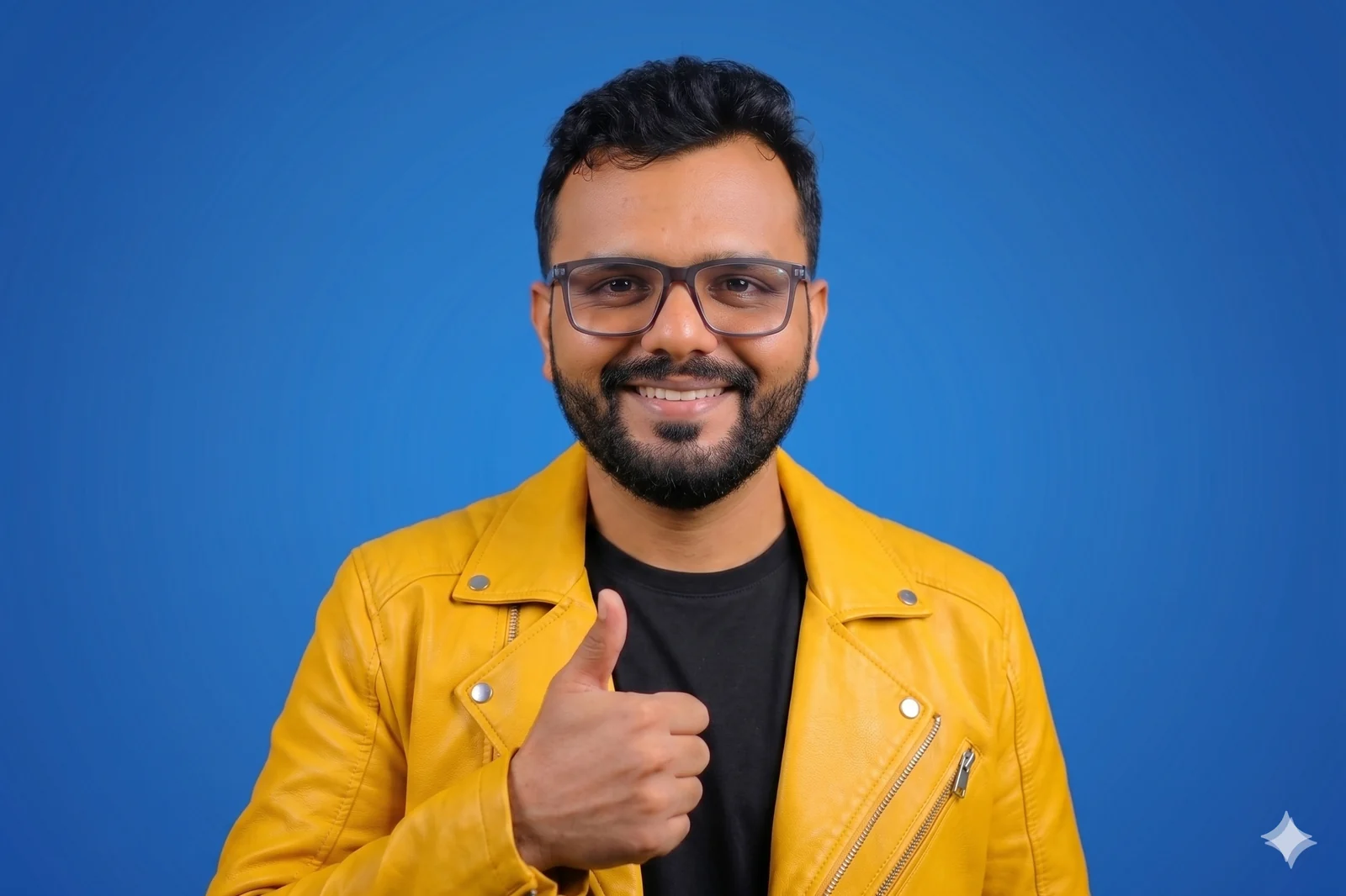 Mayur Dudharejiya, founder of Geekman, thumbs up · yellow jacket