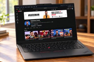 Lenovo ThinkPad E14 laptop on a wooden desk